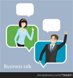 Cartoon caucasian businesswoman and businessman in speech bubble, smiling female and male,flat vector illustration. Cartoon caucasian businesswoman and businessman