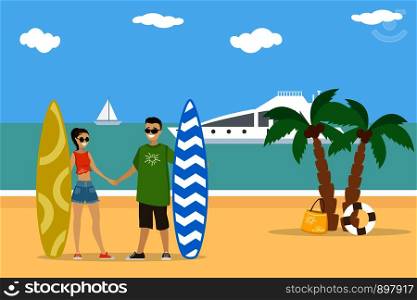 Cartoon caucasian couple in love holds surfboards on the beach,flat vector illustration. Cartoon couple in love holds surfboards on the beach,