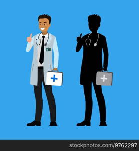 cartoon caucasian doctor with silhouette, stock vector illustration.. cartoon caucasian doctor with silhouette,