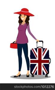 Cartoon caucasian female passenger with modern suitcase.Suitcase with uk flag cover. Isolated on white background . Vector illustration.. Cartoon caucasian female passenger with modern suitcase.