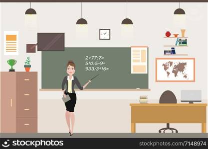 Cartoon caucasian female teacher in school classroom interior,chalkboard, flat vector illustration. Cartoon caucasian female teacher in school classroom interior