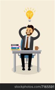 Cartoon caucasian happy businessman with idea bulb,office worker in the workplace,vector illustration