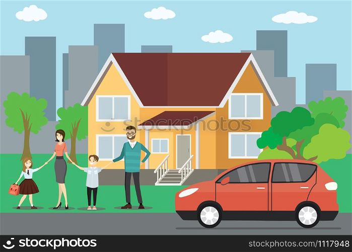 Cartoon caucasian happy family, big house and red car,flat vector illustration. Cartoon caucasian family, big house and red car