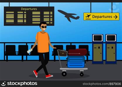 Cartoon caucasian man the passenger rolls the airport trolley with suitcases and bag,airport interior,vector illustration. Cartoon caucasian man the passenger rolls the airport trolley wi