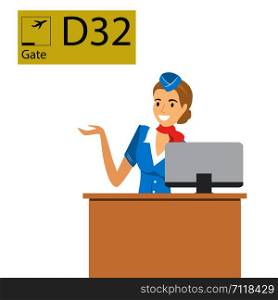 Cartoon caucasian stewardess behind the counter on the landing, departure concept. Vector illustration.. Cartoon caucasian stewardess behind the counter on the landing