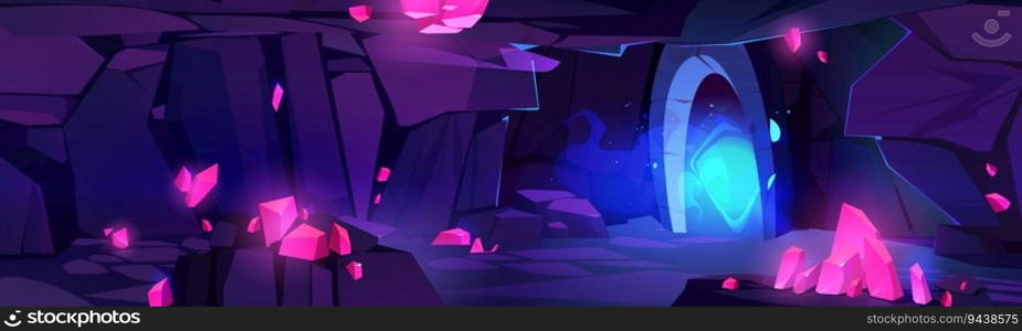 Cartoon cave with pink crystals on stone walls. Vector illustration of underground mine, blue fog glowing in arch door, strange haunted place full of treasure gemstones, adventure game background. Cartoon cave with pink crystals on stone walls