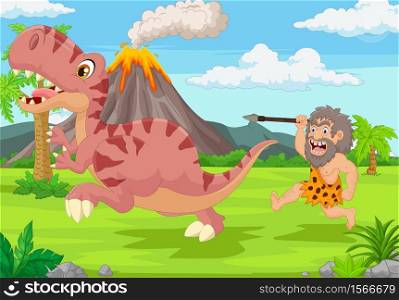 Cartoon caveman chasing a dinosaur