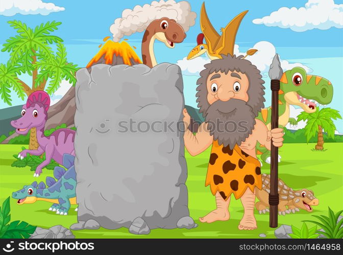 Cartoon caveman holding stone sign in the forest