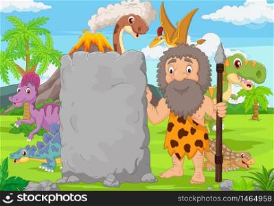 Cartoon caveman holding stone sign in the forest