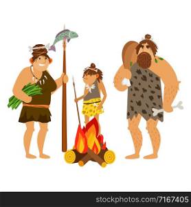 Cartoon cavemen family. Caveman characters prepare food at fire, stone age prehistoric family vector illustration. Cartoon cavemen family