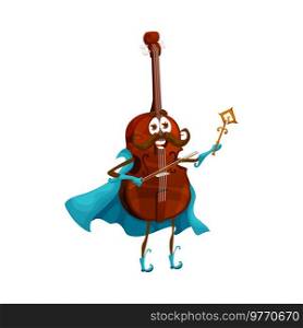 Cartoon cello wizard character, violoncello mage personage. Isolated vector musical string instrument making spell with magic wand. Magician in blue cape, musician wizard. Cartoon cello wizard character, violoncello mage