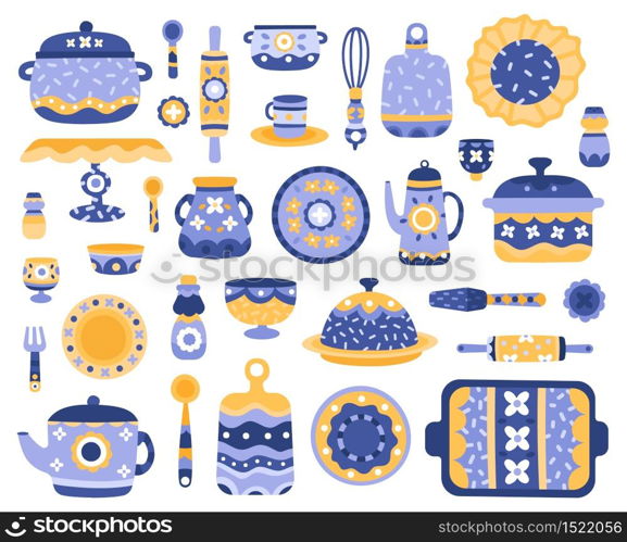 Cartoon ceramic crockery. Kitchen cookware, porcelain tableware, dishes, teapot, serving crockery vector illustration icons set. Porcelain crockery, cookware ceramic, kitchen dishware. Cartoon ceramic crockery. Kitchen cookware, serving porcelain tableware, dishes, teapot, tureen, serving crockery vector illustration icons set