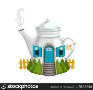 Cartoon ceramics white kettle or teapot gnome house with wooden door, windows and steaming pipe. Fantasy building with green bushes, fence and linen on rope. Fairytale gnome or elf cute house. Cartoon white kettle or teapot gnome house