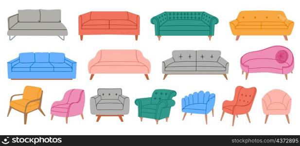 Cartoon chair, sofa and couch, house comfort soft furniture. Cozy armchairs in scandinavian style. Interior relaxing elements vector set. Illustration of couch or sofa, chairs furniture. Cartoon chair, sofa and couch, house comfort soft furniture. Cozy armchairs in scandinavian style. Interior relaxing elements vector set