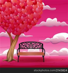 Cartoon chair with big tree and heart shaped leaves
