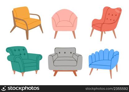 Cartoon chairs. Colorful comfortable armchairs, stylish modern furniture for home interior and lounge halls. Scandinavian soft seats for house, apartment and office decor vector set. Cartoon chairs. Colorful comfortable armchairs, stylish modern furniture for home interior and lounge halls