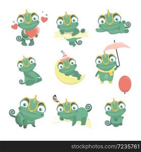 Cartoon chameleon cute illustration set.