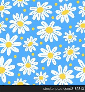 Cartoon chamomile seamless pattern, daisy floral print. Cute white yellow meadow flowers. Natural spring decoration. Camomile vector texture. Kitchen tablecloth or nursery wallpaper. Cartoon chamomile seamless pattern, daisy floral print. Cute white yellow meadow flowers. Natural spring decoration. Camomile vector texture