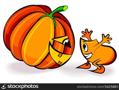 Cartoon character - Blinky - teasing the big Halloween pumpkin, vector illustration