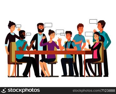 Cartoon character business team have conversation. Woman and man at morning meeting. Illustration of discussion and talk, speech talking brainstorm. Cartoon character business team have conversation. Woman and man at morning meeting