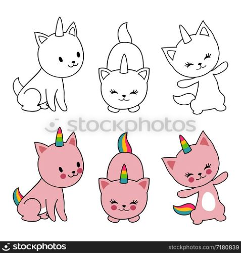 Cartoon character cats unicorn isolaten on white background. Kids coloring with cute kittens. Vector unicorn cat, funny animal character illustration. Cartoon character cats unicorn isolaten on white background. Kids coloring with cute kittens