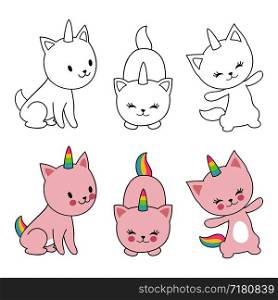 Cartoon character cats unicorn isolaten on white background. Kids coloring with cute kittens. Vector unicorn cat, funny animal character illustration. Cartoon character cats unicorn isolaten on white background. Kids coloring with cute kittens