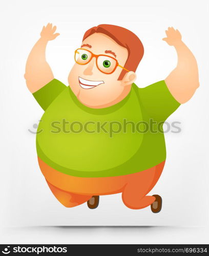Cartoon Character Cheerful Chubby Man. Jumping. Vector Illustration. EPS 10.