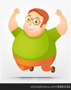 Cartoon Character Cheerful Chubby Man. Jumping. Vector Illustration. EPS 10.