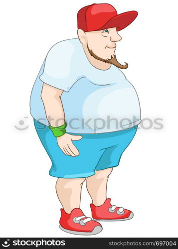 Cartoon Character Cheerful Chubby Man. Thinking. Vector Illustration. EPS 10.