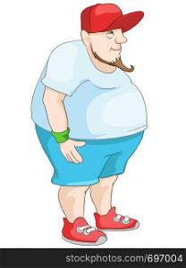 Cartoon Character Cheerful Chubby Man. Thinking. Vector Illustration. EPS 10.