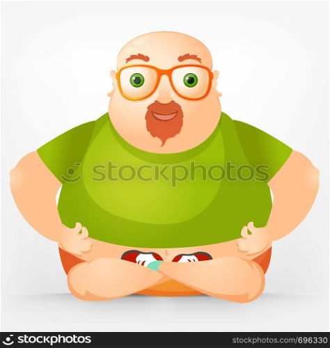 Cartoon Character Cheerful Chubby Man. Yoga. Vector Illustration. EPS 10.