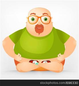 Cartoon Character Cheerful Chubby Man. Yoga. Vector Illustration. EPS 10.