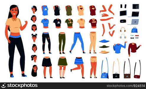 Cartoon character constructor. Woman animation set with body parts collection and different clothes and poses. Vector diy elements stylish fashionable modern girls. Cartoon character constructor. Woman animation set with body parts collection and different clothes and poses. Vector elements