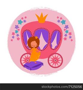 Cartoon character cute little princess and coach card vector template. Illustration of princess girl in pretty dress costume. Cartoon character cute little princess and coach card vector template