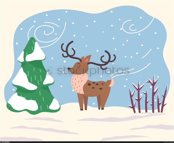 Cartoon character, deer stand on snowy ground in wood. North reindeer with large antlers and brown fur coat. Animal dressed in scarf because of windy and cold weather in winter. Vector illustration. Cartoon Character, Reindeer Stand in Winter Forest