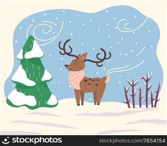 Cartoon character, deer stand on snowy ground in wood. North reindeer with large antlers and brown fur coat. Animal dressed in scarf because of windy and cold weather in winter. Vector illustration. Cartoon Character, Reindeer Stand in Winter Forest