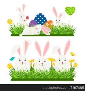 Cartoon character easter bunnies and eggs vector design. Illustration of easter rabbit, holiday tradition. Cartoon character easter bunnies and eggs vector design