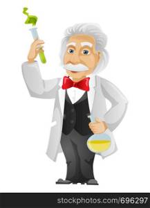Cartoon Character Einstein Isolated on Grey Gradient Background. Chemist. Vector EPS 10.