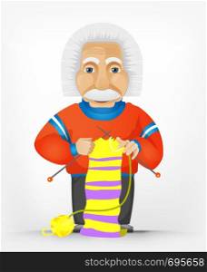 Cartoon Character Einstein Isolated on Grey Gradient Background. Kniting. Vector EPS 10.
