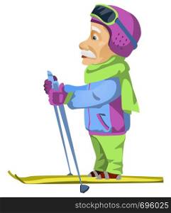 Cartoon Character Einstein Isolated on Grey Gradient Background. Skiing. Vector EPS 10.