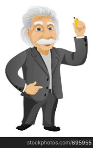 Cartoon Character Einstein Isolated on Grey Gradient Background. Writer. Vector EPS 10.
