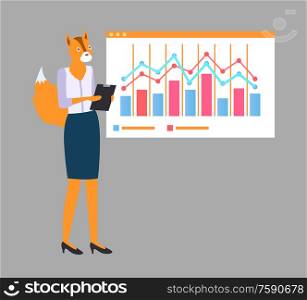Cartoon character fox woman in skirt and shirt presenting board with charts, red employee pet standing near graphs, manager and account pattern vector. Manager Fox Character Presenting Charts Vector