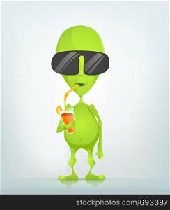 Cartoon Character Funny Alien Isolated on Grey Gradient Background. Cocktail. Vector EPS 10.