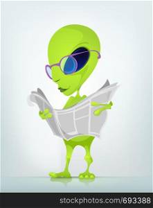 Cartoon Character Funny Alien Isolated on Grey Gradient Background. News. Vector EPS 10.