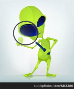 Cartoon Character Funny Alien Isolated on Grey Gradient Background. Search. Vector EPS 10.