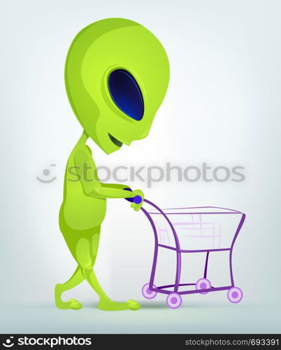 Cartoon Character Funny Alien Isolated on Grey Gradient Background. Shopping. Vector EPS 10.