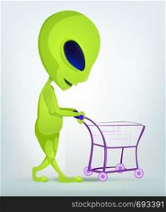 Cartoon Character Funny Alien Isolated on Grey Gradient Background. Shopping. Vector EPS 10.