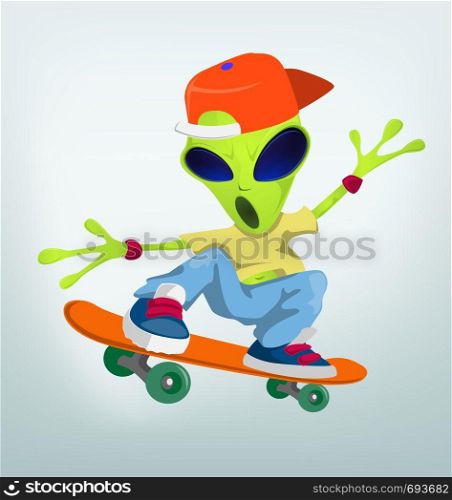 Cartoon Character Funny Alien Isolated on Grey Gradient Background. Skateboarding. Vector EPS 10.