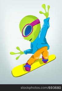 Cartoon Character Funny Alien Isolated on Grey Gradient Background. Snowboarding. Vector EPS 10.