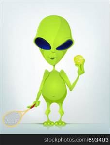 Cartoon Character Funny Alien Isolated on Grey Gradient Background. Tennis. Vector EPS 10.
